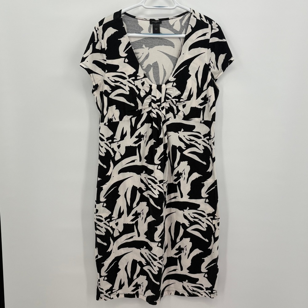 Ann Taylor Womens Black White Abstract Leaf Print V-Neck Sheath Dress Size L